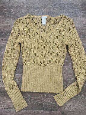 Worthington Gold Open Crochet Knit Pull Over V-Neck Sweater Size X-Small XS